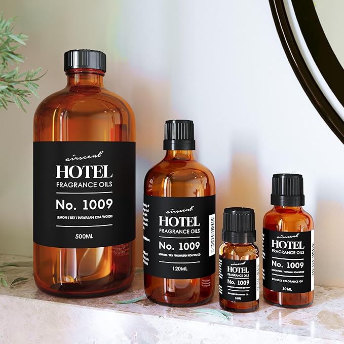 AirScent Hotel Diffuser Oil No. 1009 - Lemon Lily Hawaiian Koa Wood - Hotel Scent Dupe - Premium Fragrance Oil for Ultrasonic and Waterless Diffusers and Crafting - 500 mL, 16.9 fl oz Glass Bottle