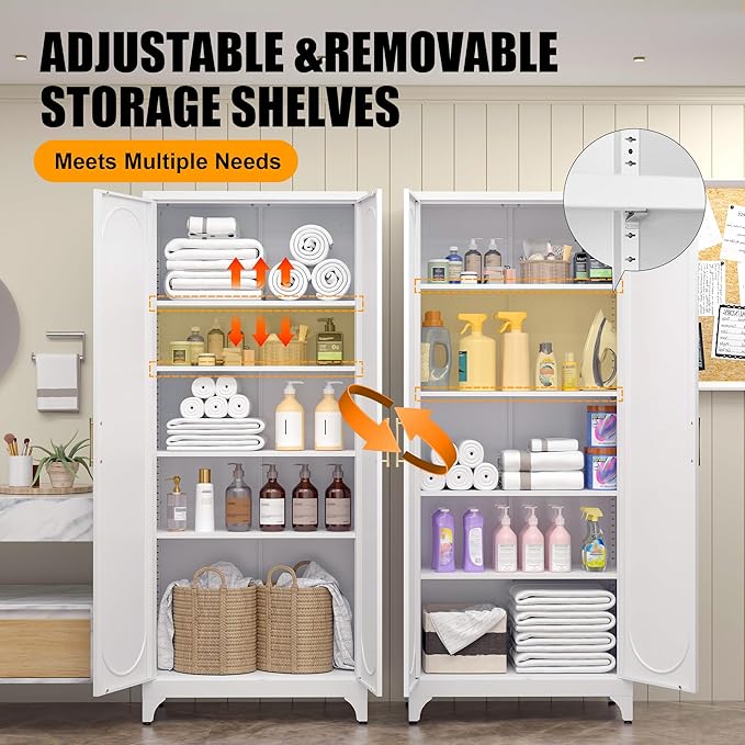 Kitchen Storage Cabinets, 75" Tall Metal Storage Cabinet with Doors and 4 Shelves, Kitchen Pantry Cabinets with Gold Handles, White Food Pantry, Large Cupboard for Dining Room, Office