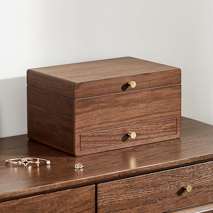 CHOSIN Black Walnut Wooden Jewelry Box for Women, 3 Level Multi-functional Drawer Organizer Box Watch Necklace Ring Earring Storage Valentine's Day Gifts
