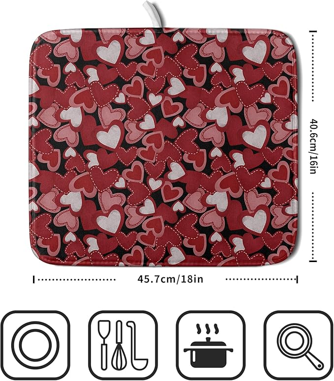 Valentines Day Dish Drying Mat for Kitchen Counter 18x16 Inch Love Drying Mat with Absorbent Reversible Microfiber Black Red Grey Heart Dish Drainer Mats Rack Pad for Coffee Countertop Protector