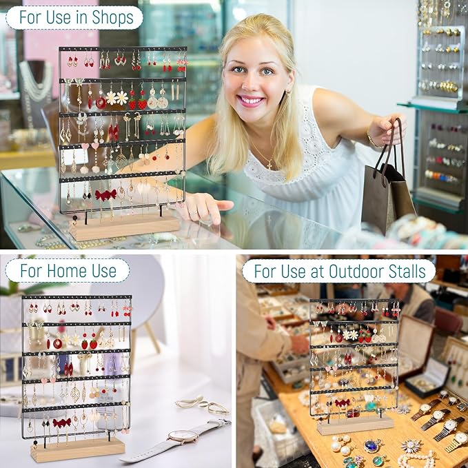 5 Tier 120 Hole Earring Holder Organizer, Rust Proof Metal and Wooden Base Jewelry Organizers and Storage for 60 Pairs of Earrings, Suitable for Home Storage and Sales Display
