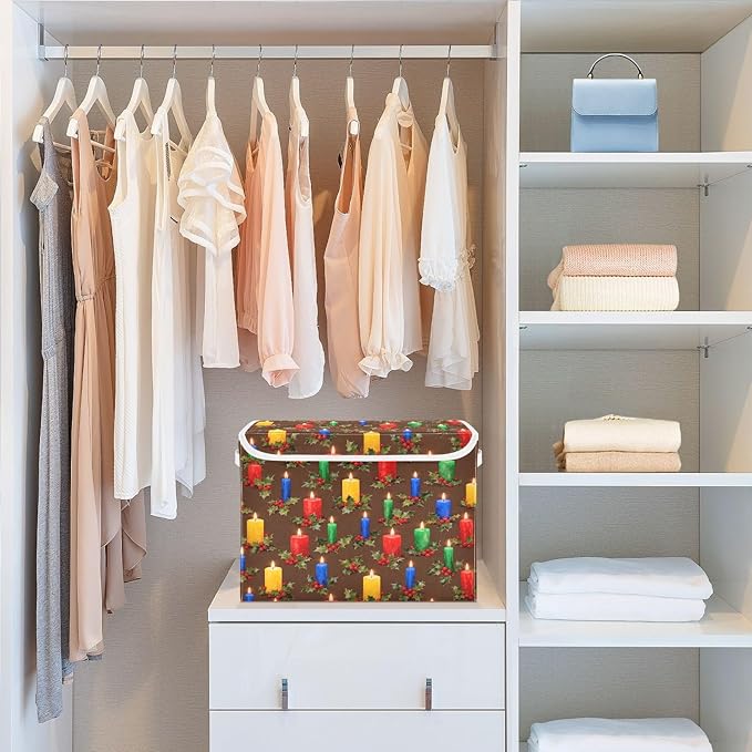 Christmas Candles Holly Berries Storage Bins with Lids Foldable Storage Basket with Handles Collapsible Large Fabric Organizer Containers for Clothes Shelves Closet Office Home