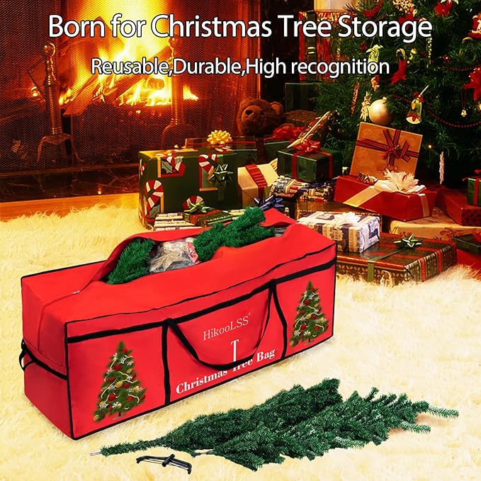 Christmas Tree Bags Storage 7.5 Ft Christmas Tree Storage Bag, Reusable Heavy Duty 600D Oxford Santa Tree Box/Container/Holder for Large Artificial Xmas Tree/Holiday Trees Red(60X18X25in)