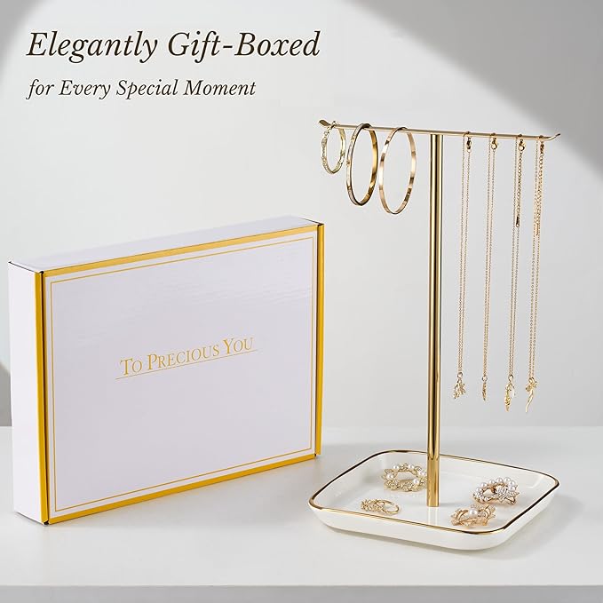 Jewelry Holder Stand with Ceramic Base: 12" Tall Necklace Organizer Rack, Tree Design Display Storage for Necklaces, Bracelets, Rings, Earrings, Aesthetic Room Décor for Girls and Women, Gold