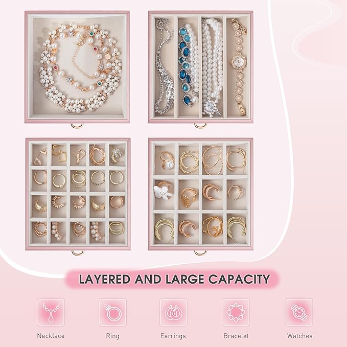 EnHomee Jewelry Box for Women, 5-Layer Large Jewelry Organizer with Mirror & 4 Drawers for Rings, Earrings, Necklaces, Bracelet Lockable Case with Lock (Pink + Gold)