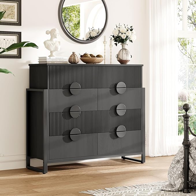 Fluted Dresser for Bedroom with 8 Drawers, 50" Wide Chest of Drawers with Raised H Legs and Curved Profile Design, Wood Closet Clothes Storage Organizer for Bedroom, Hallway, Black