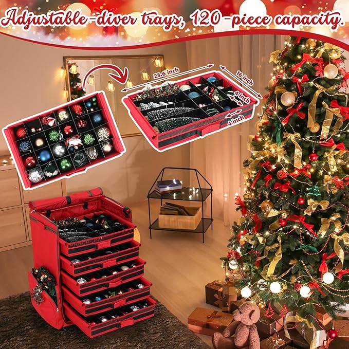 Rolling Christmas Ornament Storage Box - 120Pc Steel-Frame Decor Organizer Chest with Adjustable Dividers, Removable Trays & Side Pockets | Large Holiday Decoration Container on Wheels