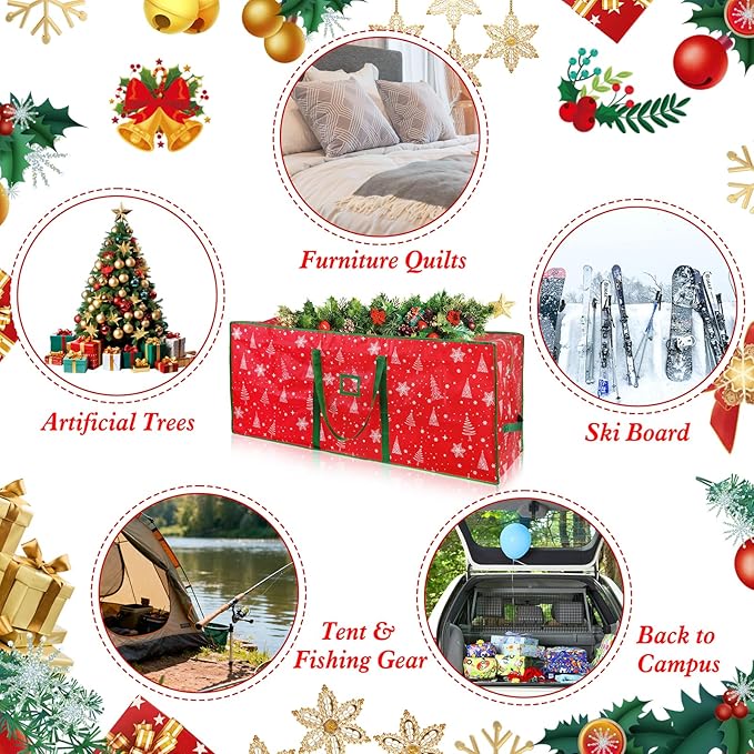 Christmas Tree Storage Bag,Plastic Waterproof Snowflake Christmas Tree Bag Large Storage Box Decoration Container Reinforced Handles Dual Zippers for 9ft Artificial Holiday Xmas Disassembled Trees