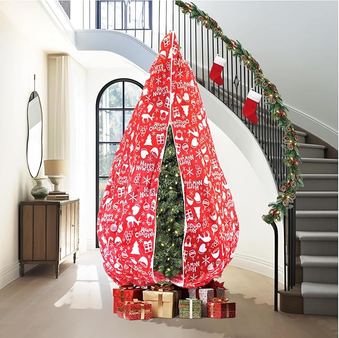 Upright Xmas Tree Storage - fits up to 6.5 ft Height, Dustproof Bag with Zipper & Drawstring, 6ft*6.6ft*52in (Red)