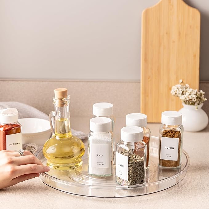 primebox 13.25" Lazy Susan Organizer. 360 Degree Rotating Turntable for Cabinets, Fridge, Pantry, Bathroom, Under Sink Organizing, Countertops, Vanity, Organizer for Spices Clear 4 Pack