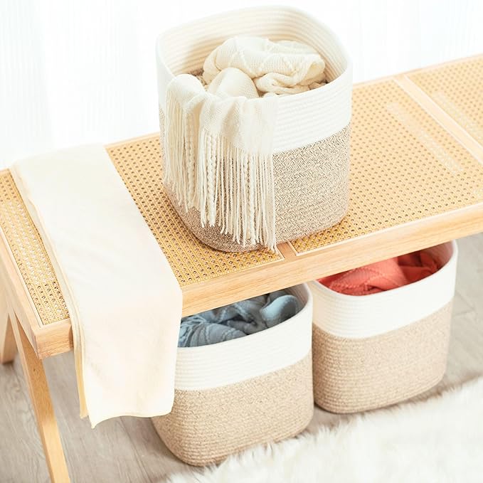 MINTWOOD Design 3-Pack 11x11in Woven Cube Storage Bin and Shelf Baskets, Cute Decorative Square Organizer for Closet, Classroom, Bathroom, Dog and Cat Toys, and Books, Light Brown