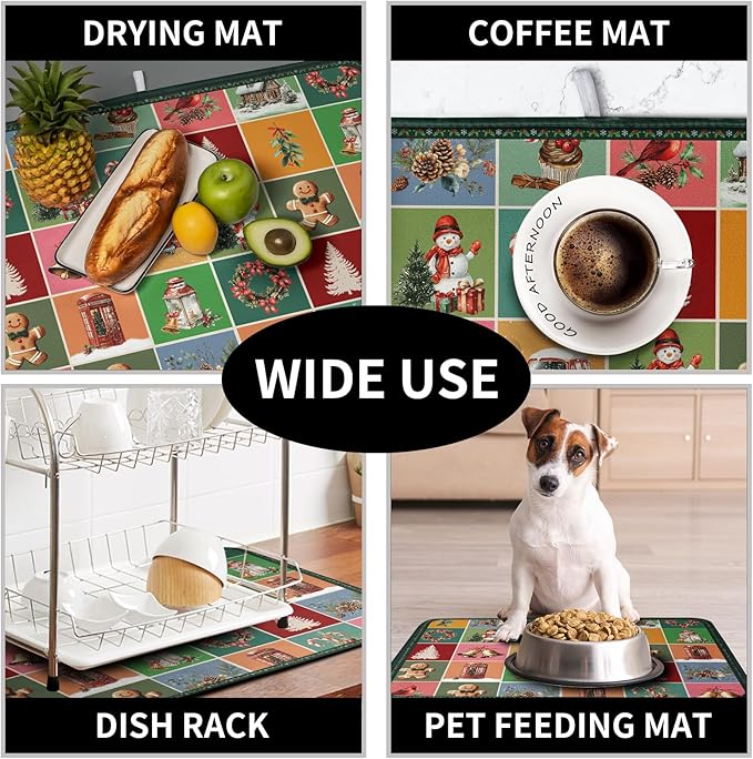 Kwlegh Christmas Dish Drying Mats for Kitchen Counter Cute Xmas Holiday Dish Drainer Pad Microfiber Absorbent Winter Dish Draining Mat Washable Dish Drainer Rack Mat Medium 16x18 Inch