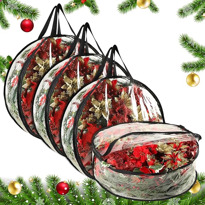 4 Pcs Christmas Wreath Storage Bag, 24 Inch Clear Black Edging Xmas Wreath Storage Container, Garland Holiday Artificial Wreath Storage Holder, Water Proof Transparent PVC with Handles