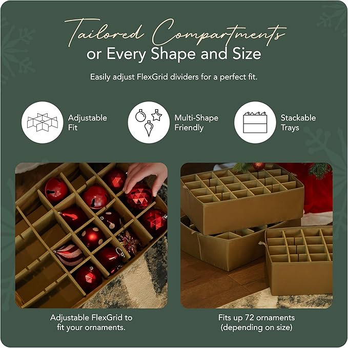 Covermates Keepsakes Adjustable Ornament Storage Bag – Heavy-Duty Polyester, Padded Dividers & FlexGrid Trays – Protective Holiday Ornament Organizer with Handles & Label Window, Red Snowflake