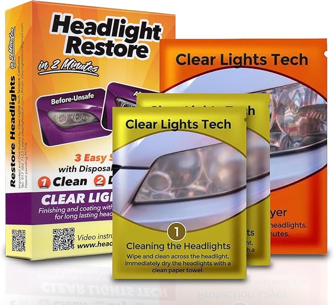 Clear Lights Tech, Headlight Restoration Kit - Headlight Cleaner 3-Wipe System, Restores Clarity, Removes Yellowing & Oxidation, Improves Nighttime Driving Safety, Long Lasting UV Protection.