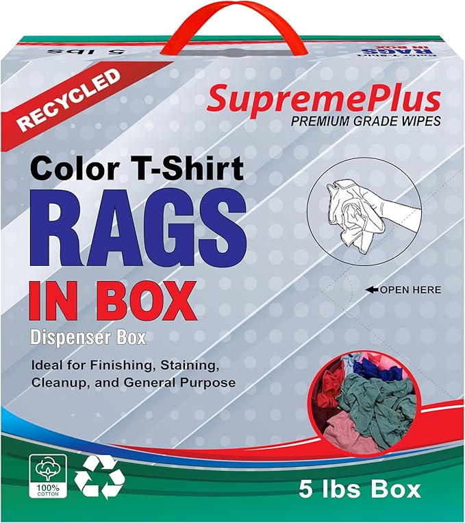 Recycled Color Knit Cleaning Rags (5 lbs. Compressed Box) – Shop Cloths Bulk for Workshops, Mechanics, Painters, and Home Use, Multipurpose Cotton T-Shirt Rags