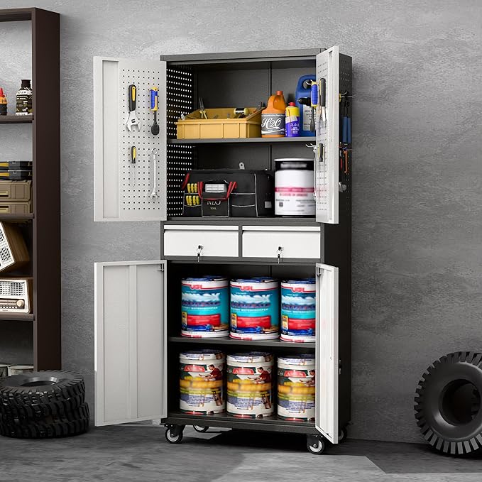 Aobabo Metal Storage Cabinet with Wheels, Garage Storage Cabinet with 2 Drawers and 2 Adjustable Shelves for Garage, Kitchen, Office, Assembly Required, Black Grey