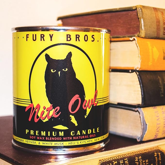 Fury Bros. Scented Candles for Men | Nite Owl | Lavender Vetiver White Musk | Natural Soy Wax | Hand-Poured in The USA | Long 70-80 Hour Burn (12.5 oz) | Vintage-Inspired Tin Design | Dad Home Gift