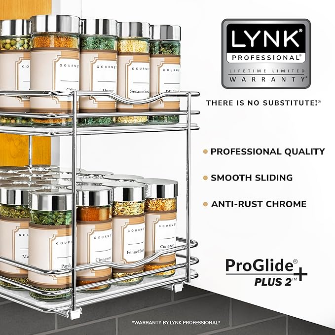 LYNK PROFESSIONAL® Pull Out Spice Rack Organizer for Inside Kitchen Cabinets - 8-3/8 inch Wide - Slide Out Drawer – Chrome Sliding Spice Cabinet Organization Shelf Racks - 2 Tier
