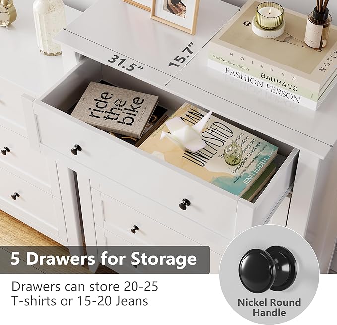 Modern 5 Drawers Dresser for Bedroom, Tall Wood Chest of Drawers for Clothes, Big Storage Dressers Organizer with Gold Handles & Deep Drawers, Living Room, Closet, Hallway, White