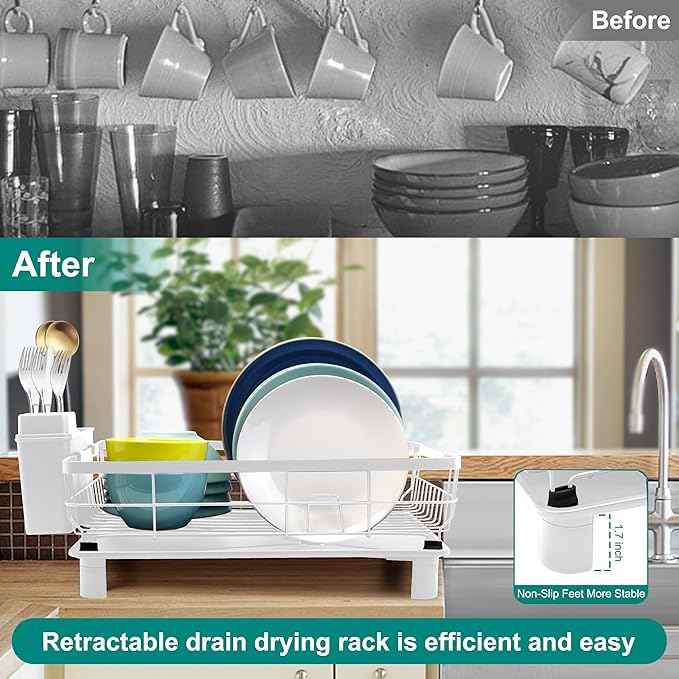 Goderewild Dish Drying Rack for Kitchen Counter,Space-Saving Dish Rack with Drainboard,Rustproof Countertop Dish Drainer with Utensil Holder for Sink,White