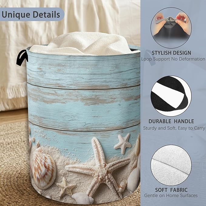 Starfish Seashell Laundry Basket,Vintage Wooden Oxford Cloth Laundry Hamper with Handle Foldable Portable Clothes Storage Basket for Bathroom Bedroom Dorm Room 16" x 20.8"
