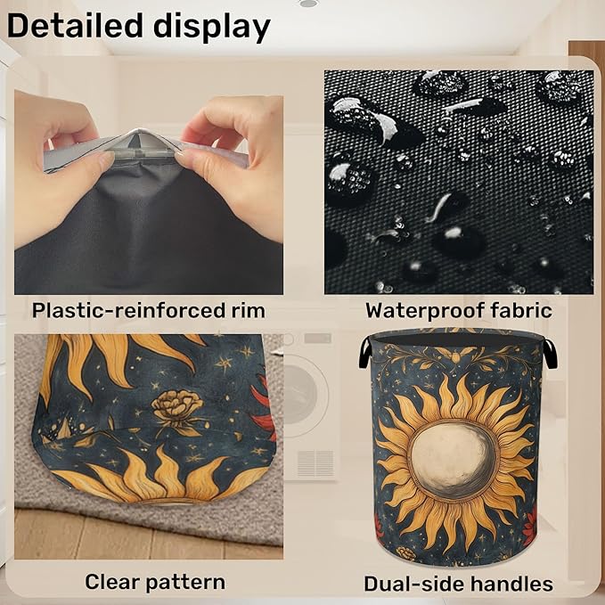 Gothic Sun Large Clothes Hamper Bag - Laundry Basket with Handles, Space Saving Foldable Design for Nursery