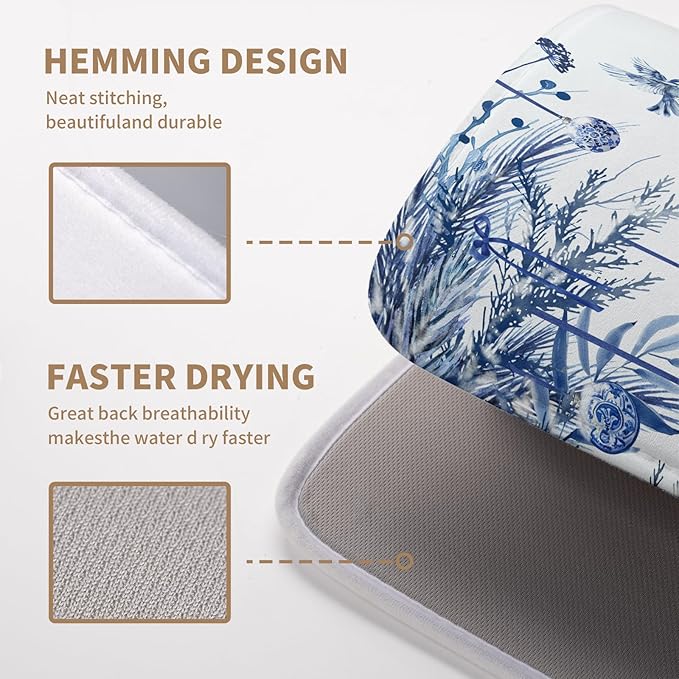 Wnoesat Christmas Tree Dish Drying Mat for Kitchen Counter 16x18 Inch Blue White Chinoiserie Winter Xmas Holiday Drying Mats Microfiber Absorbent Dish Draining Reusable Dish Drainer Pad