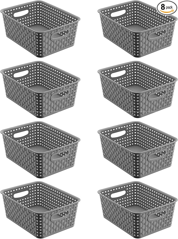 8 Pack Gray Storage Baskets, Plastic Woven Organizer Baskets, Stackable Shelf Baskets for Closet, Pantry, Bathroom & Laundry Room