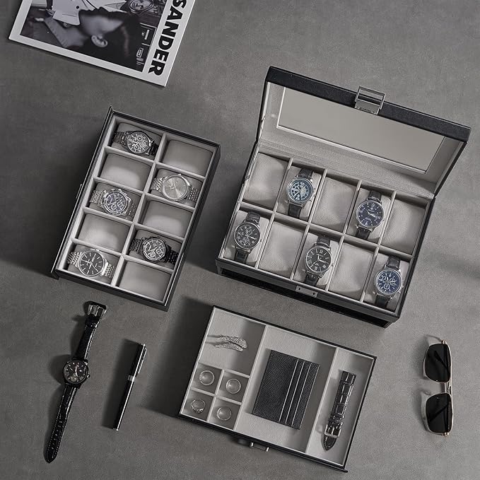 ProCase 20 Slot Watch Box for Men, 3-Layer Watch Display Case with Glass Lid, Watch Holder with Drawer, Jewelry Storage Organizer for Watches Straps Rings -Black