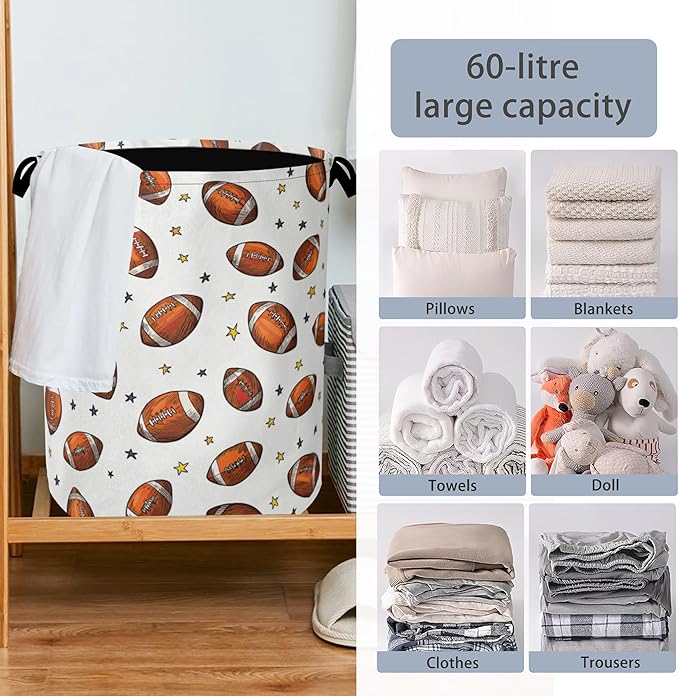 American Football Laundry Basket,Stars Foldable with Handles Tote Bag Oxford Cloth for Bathroom Bedroom Dirty Clothes Storage Bucket 16" x 20.8"
