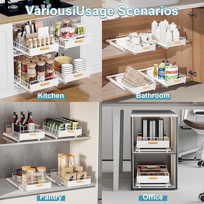 HOMEBOSILY Under Sink Organizer, Kitchen Pull Out Cabinet Organizer, Mute Slide Out Metal Under Sink Organizers and Storage Shelves for Kitchen Bathroom Laundry Cabinet Pantry, White