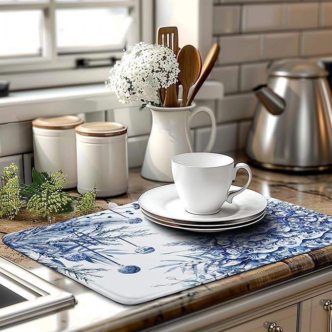 Wnoesat Christmas Tree Dish Drying Mat for Kitchen Counter 18x24 Inch Blue White Chinoiserie Winter Xmas Holiday Drying Mats Microfiber Absorbent Dish Draining Reusable Dish Drainer Pad