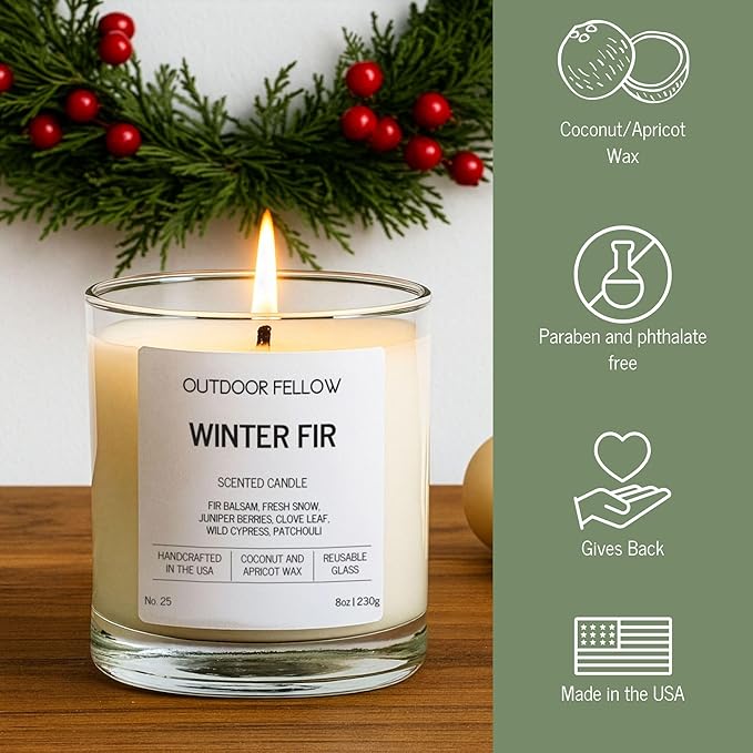Outdoor Fellow Winter Fir Candle | Luxury Scented Candle with Coconut & Apricot Wax Blend | Fir, Juniper & Cypress Notes | 40+ Hour Burn Time | Cozy Fragrance for Home (8oz)