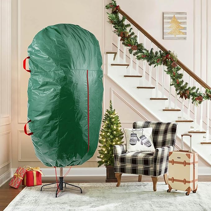 ZOBER Upright Christmas Tree Storage Bag With Drawstring Hem- Fits 7.5 Ft Trees - Plastic, Waterproof Christmas Tree Bag For Storage Box For Xmas - Strong, Durable Handles - Green
