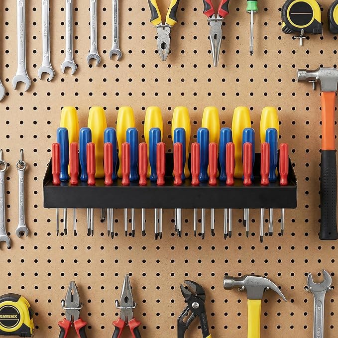 kenaeooe 30 Pcs Screwdriver Organizer, Heavy Duty Black Metal Wall Mount Storage Rack with 32 Holes for Tools, Hand Tool Holder for Garage, Workshop, Home and Shed, 16.57 Inch