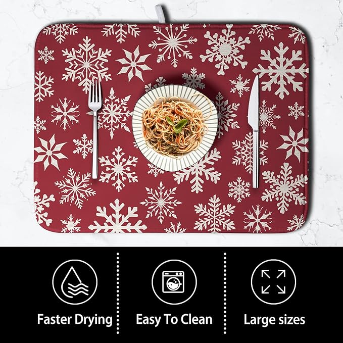 Kwlegh Christmas Snowflakes Dish Drying Mat for Kitchen Counter 16x18 Inch Red White Winter Xmas Pattern Dish Drying Pad for Dishes Microfiber Absorbent Dish Drainer Rack Mats for Countertop