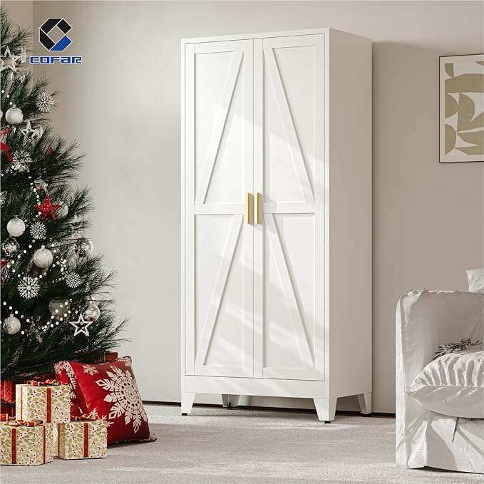 COFaR 71'' Metal Wardrobe Closet, Bedroom Armoire Cabinet with Adjustable Hanging Rod and Shelves, 2 Doors Farmhouse Closet Storage for Garage Laundry, White Roperos para Guardar Ropa