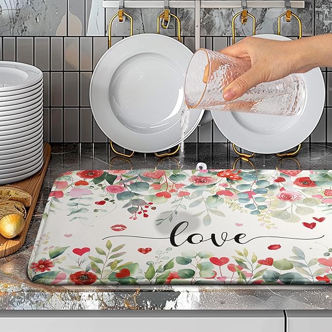 Wnoesat Valentines Day Love Heart Rose Eucalyptus Leaves Dish Drying Mat for Kitchen Counter 18x24 Inch Spring Valentine Microfiber Absorbent Dish Drainer Mats Reversible Drying Pad