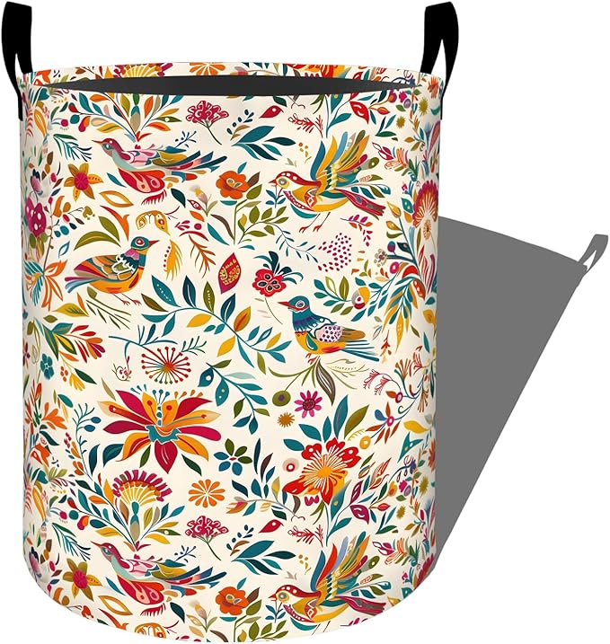 Colorful Bird Among Vibrant Floral Laundry Basket with Handles, 19.7"x15.7" Clothes Foldable Folk Art Laundry Hamper Organizer for Dorm Nursery Bedroom Bathroom Decor, Toy Storage Bin for Kids