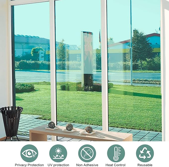 Filmgoo Window Privacy Film One Way Daytime Mirror Tint Treatments UV Heat Control Vinyl Stickers Sun Block Glass Paper Door Covering Reflective,Green Silver,29.5 Inch x 6.5 Feet