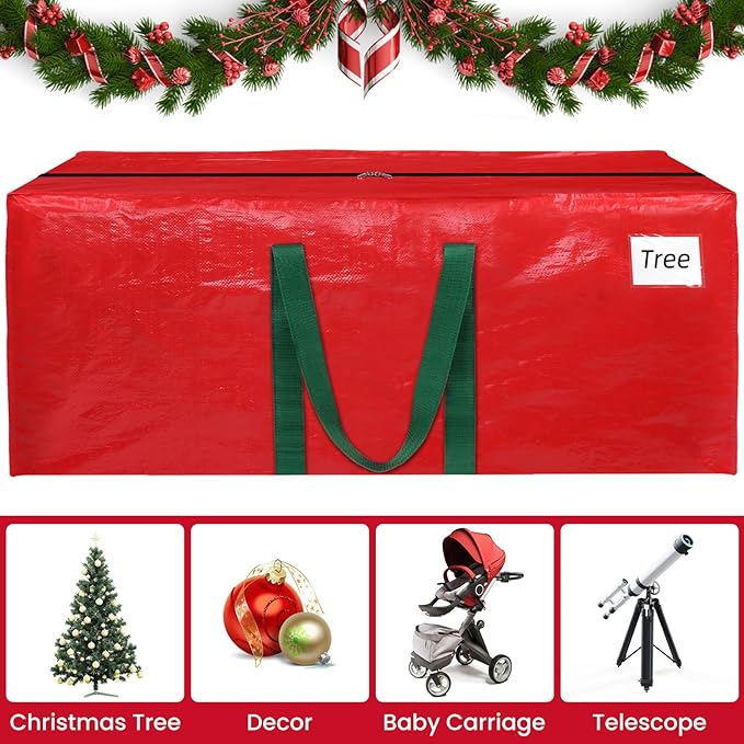 Christmas Tree Storage Bag 9 Ft, Durable & Waterproof Xmas Holiday Tree Bag with Handles, Tag Pocket, Artificial Christmas Trees Storage Box, Garland Storage Container Tote, Red