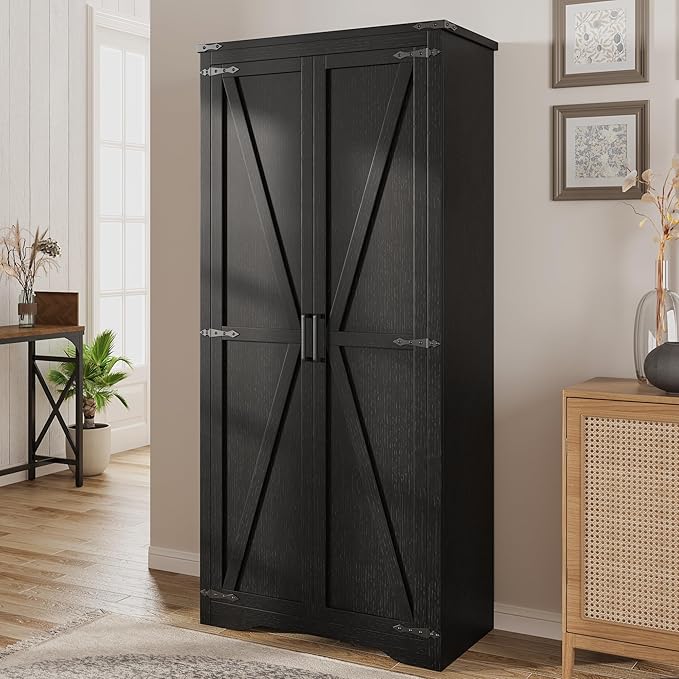 Set of 2 Black Farmhouse Storage Cabinet with Adjustable Shelves, Large Pantry Organize with 2 Barn Doors, Tall Freestanding Cabinet for Kitchen, Bathroom, Garage, Basement, Living, Utility Room