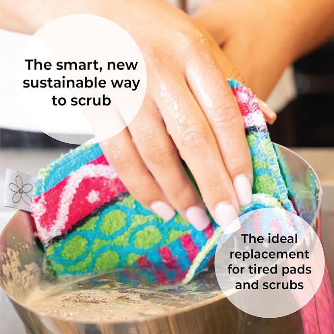 Skoy Scrub, 4-Pack Reusable, Non-Scratching Dish Scrubber for Kitchen and Household Cleaning, Planet-Friendly, Dishwasher Safe Soft Scrub, Monochromatic Colors