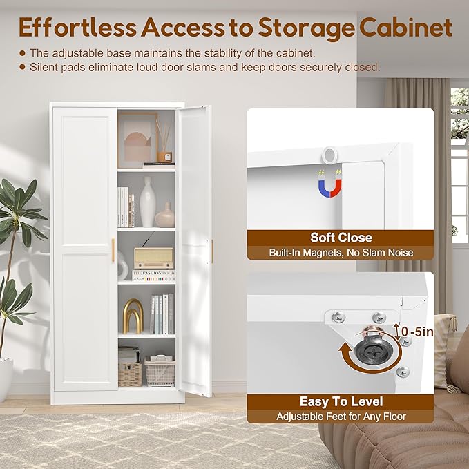 71" Kitchen Pantry Cabinet, Pantry Storage Cabinet with Doors and 4 Shelves, Metal Storage Cabinets for Kitchens, Living Room, Dinning Room, Assembly Required, White