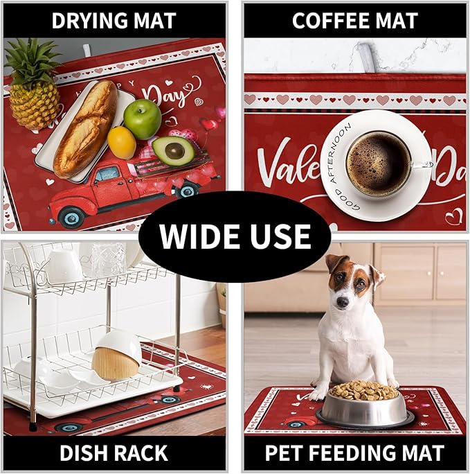 Kwlegh Valentine Red Truck Love Heart Dish Drying Mat 16x18 Inch Happy Valentine's Day Drying Mat for Kitchen Counter Microfiber Dish Drainer Mats Absorbent Dish Rack Pad for Home Coffee Bar Sinks