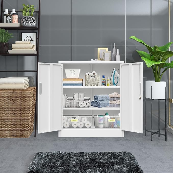 CJF Pantry Cabinet, Metal Storage Cabinets with Shelves and Doors, Steel Locking Cabinet for Kitchen Storage, Home Office, Garage, Utility Room and Basement, 36.2" H x 31.5" W x 15.7" D (White)
