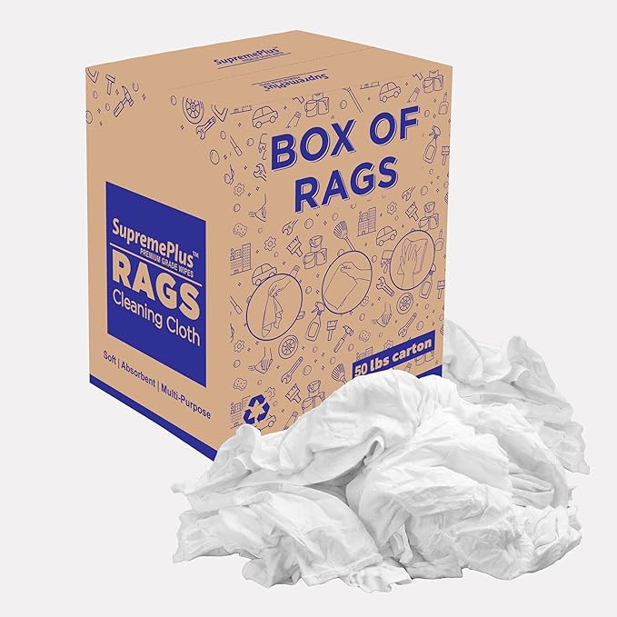 Premium White Knit (50 lbs. Box of Rags) Cotton T-Shirt Cloth Wiping Rags - Shop Cleaning Tshirt Cloths in a Box, Staining & Finishing Rag for Auto, Grease, Paint & Wood