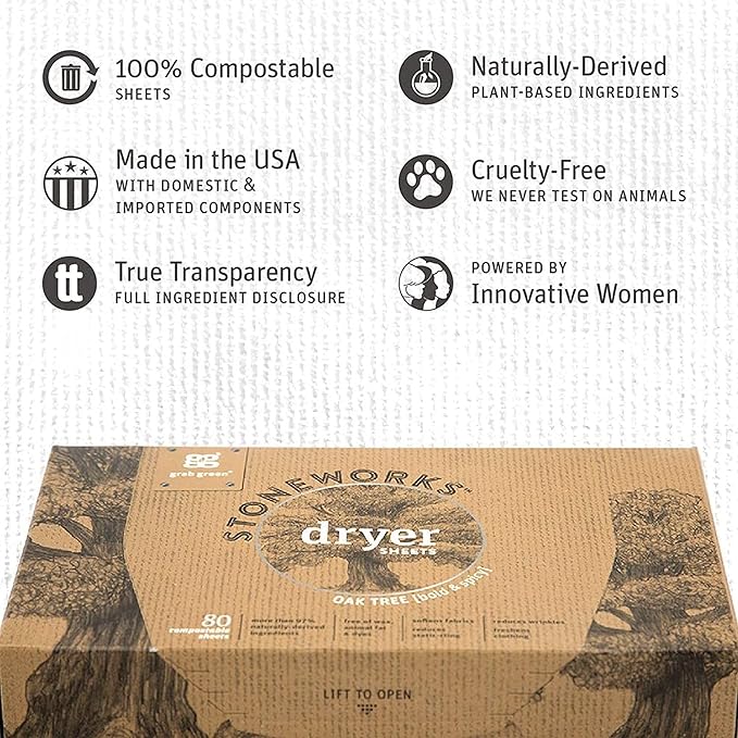 Grab Green Stoneworks Cruelty-Free Dryer Sheets | Softens Fabrics, Freshens Clothing & Reduces Static-Cling and Wrinkles | Plant Based | Oak Tree Scent (160 Sheets)