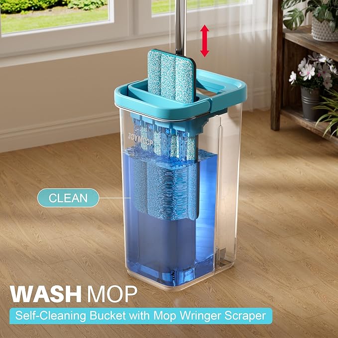 JOYMOOP Mop and Bucket Set with Wringer, with 3 Reusable Microfiber Mop Pads, Mops for Floor Cleaning and Wall Cleaning, Hands-Free Flat Mop for Home Use - Grey+Cyan Blue